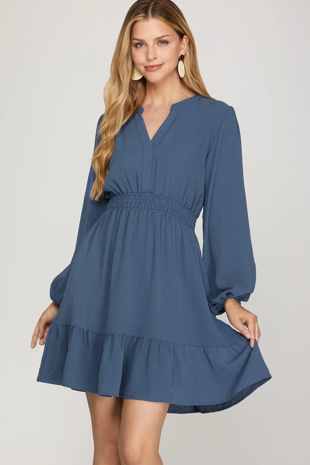 long sleeve woven dress Long Sleeve Woven Dress Dusty Blue / L
