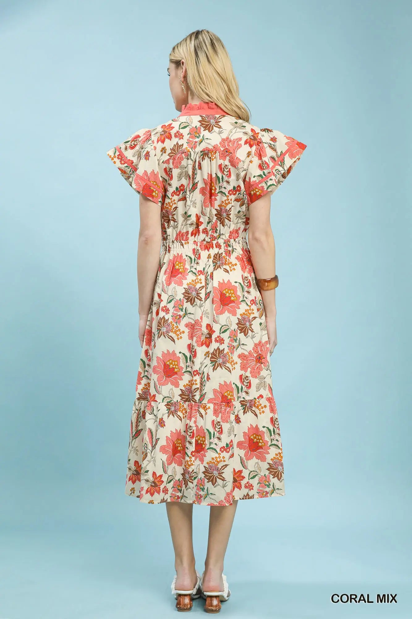 Mix Floral Ruffle Neck Tiered Midi Dress