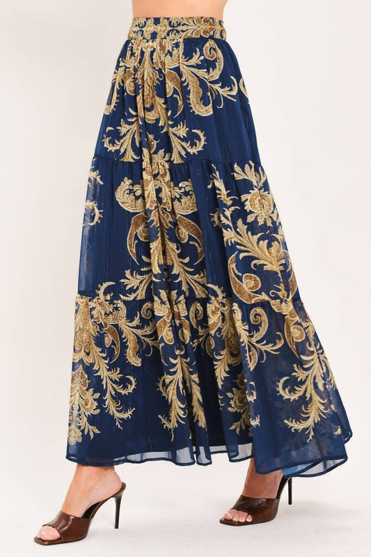 Printed Woven Maxi Skirt-Navy