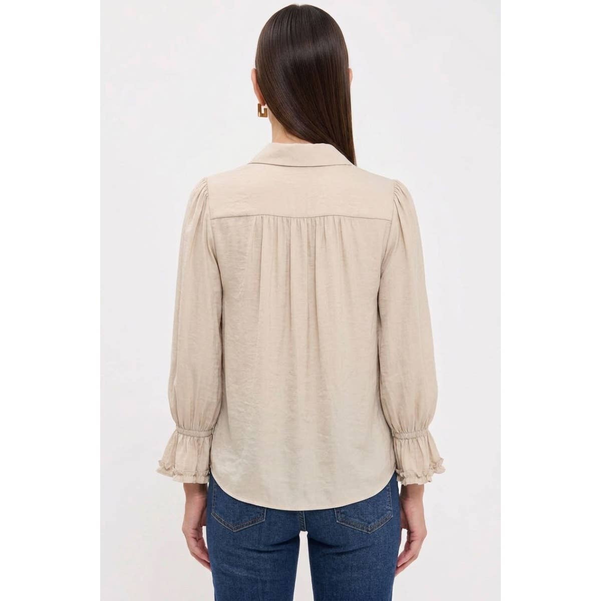 Ruffle Cuff Silky Button Up Blouse