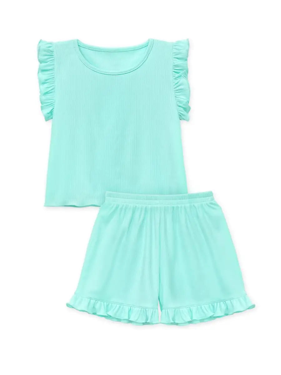 Girls Ribbed Ruffle Sleeve Short Set
