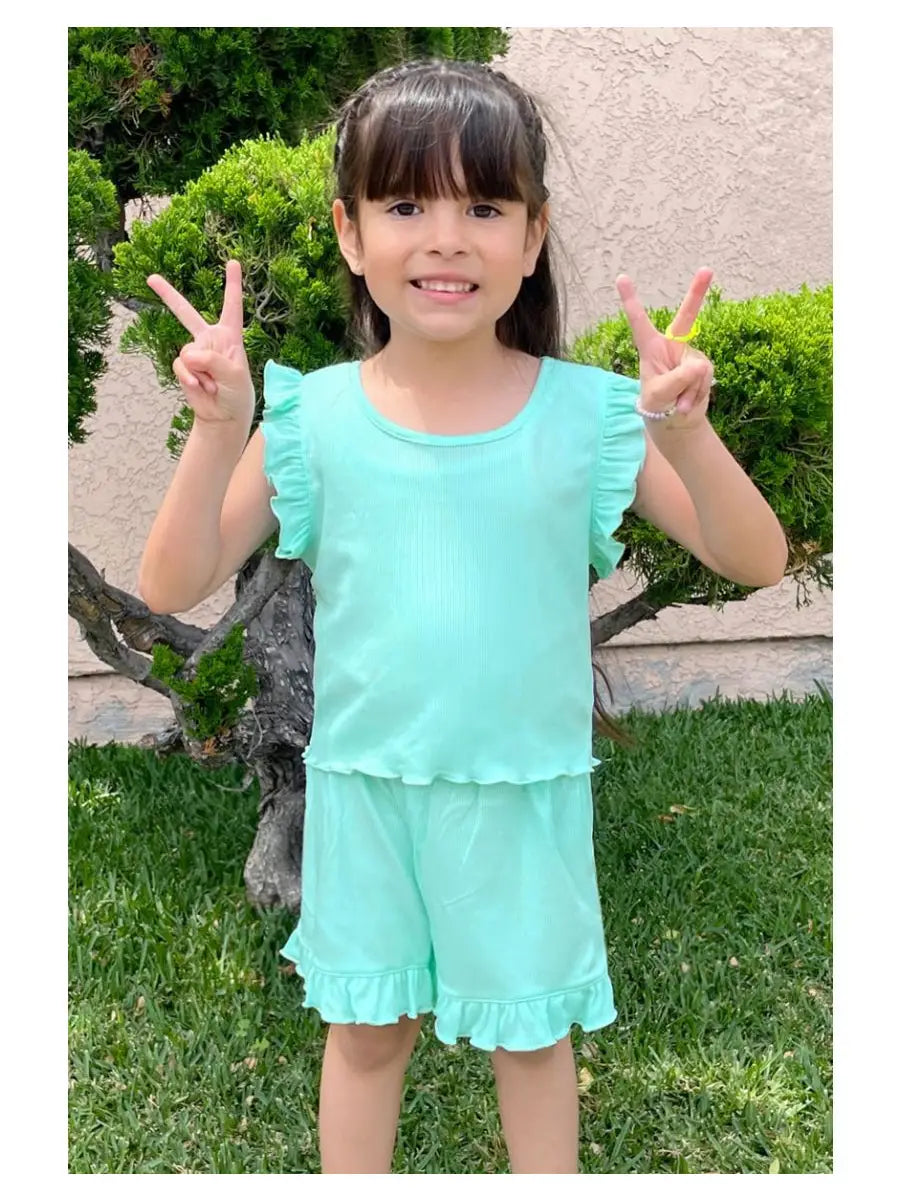 Girls Ribbed Ruffle Sleeve Short Set