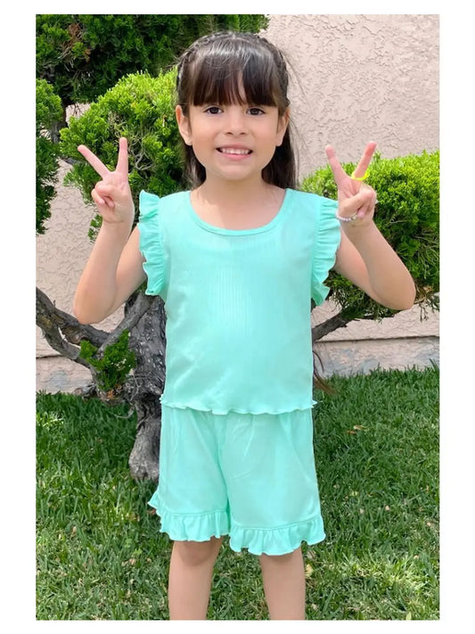 Girls Ribbed Ruffle Sleeve Short Set