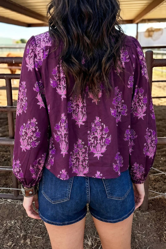 Boho Floral Print Button Down Top