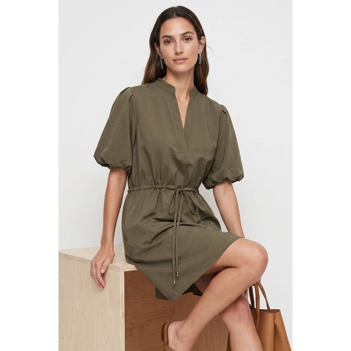 Puff Sleeve Cinched Waist Mini Dress
