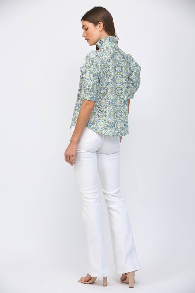Puff Sleeve Ruffle Neck Top