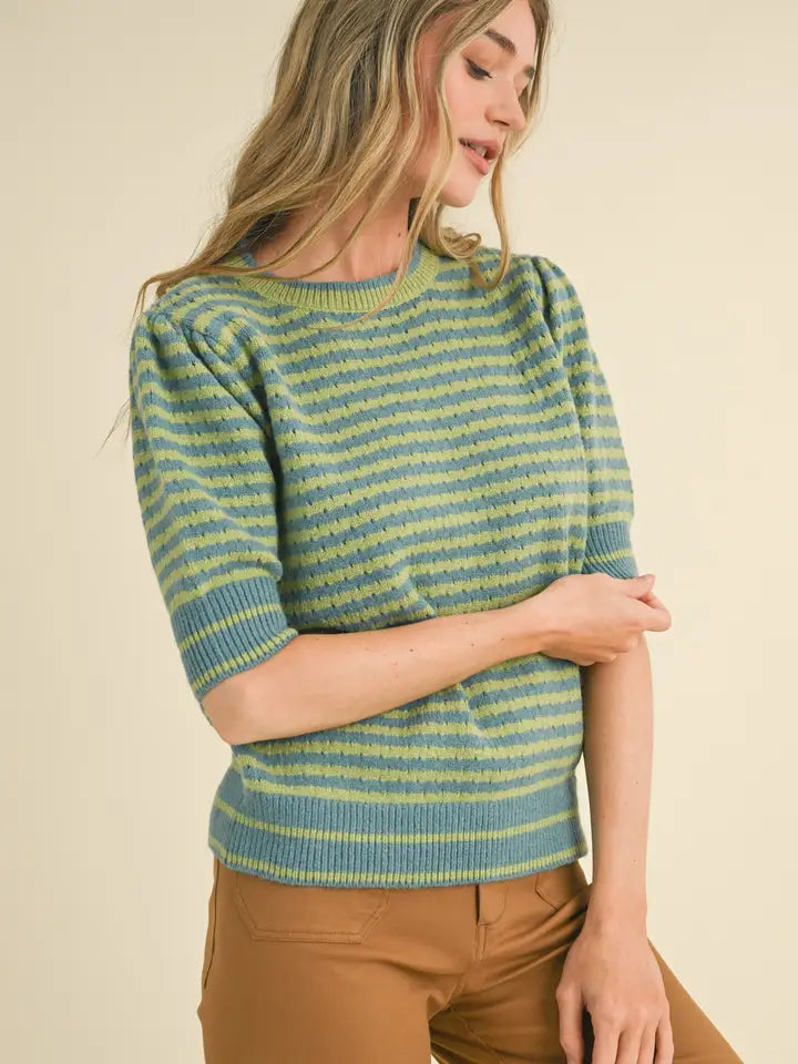 Striped Knit Puff Sleeve Sweater