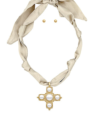 Baroque Cross Pendant Scarf Necklace Set