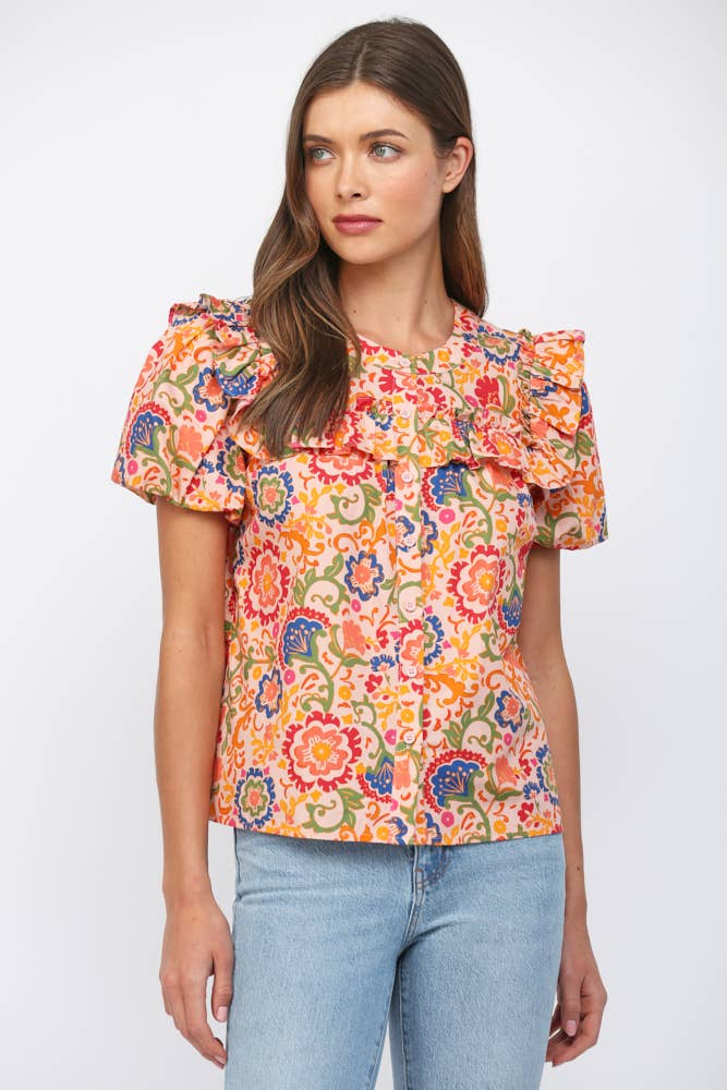 Ruffled Yoke Button Down Top