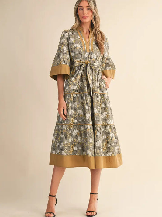 Floral Print Contrast Binding Belted Midi Dress