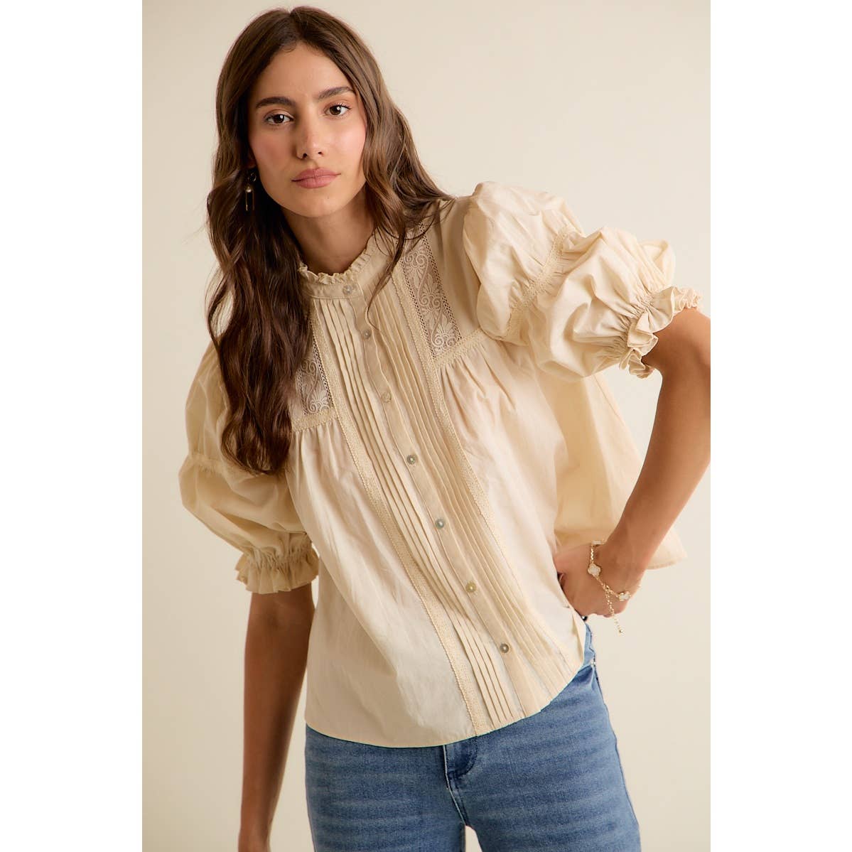 Lace Button Down Short Sleeve Top