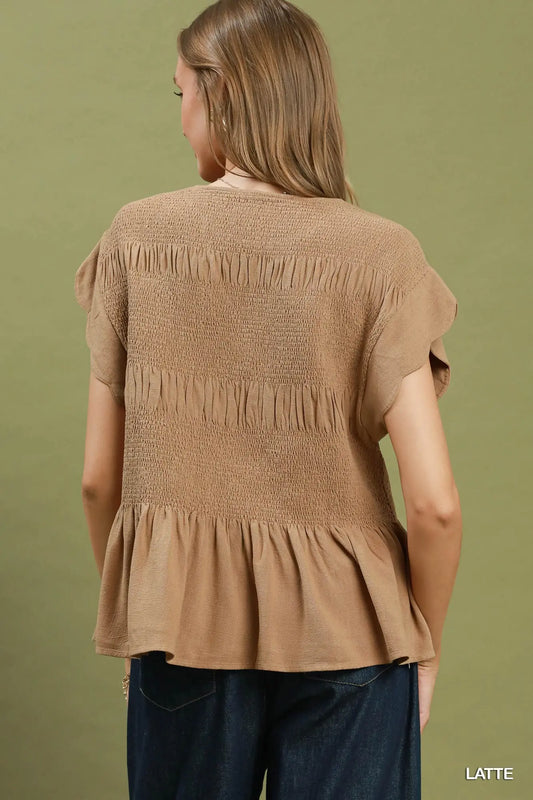 Linen Blend Smocked Peplum Top