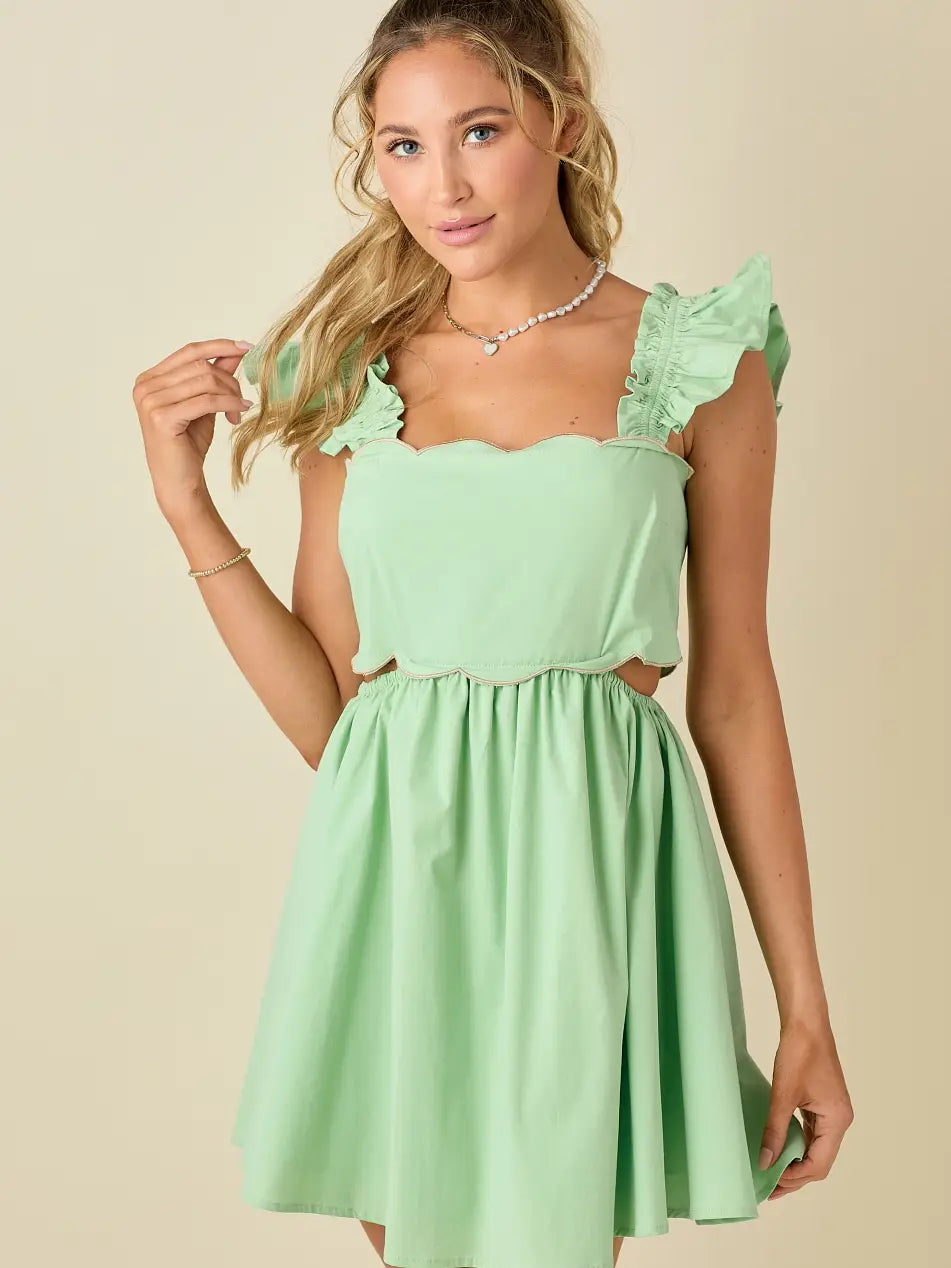 Scallop Mini Dress with Ruffled Shoulder
