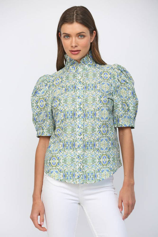 Puff Sleeve Ruffle Neck Top