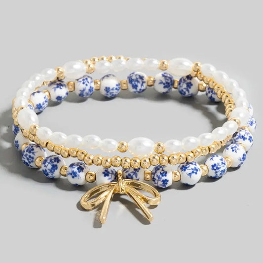 Bow Charm Blue Floral Bracelet Set