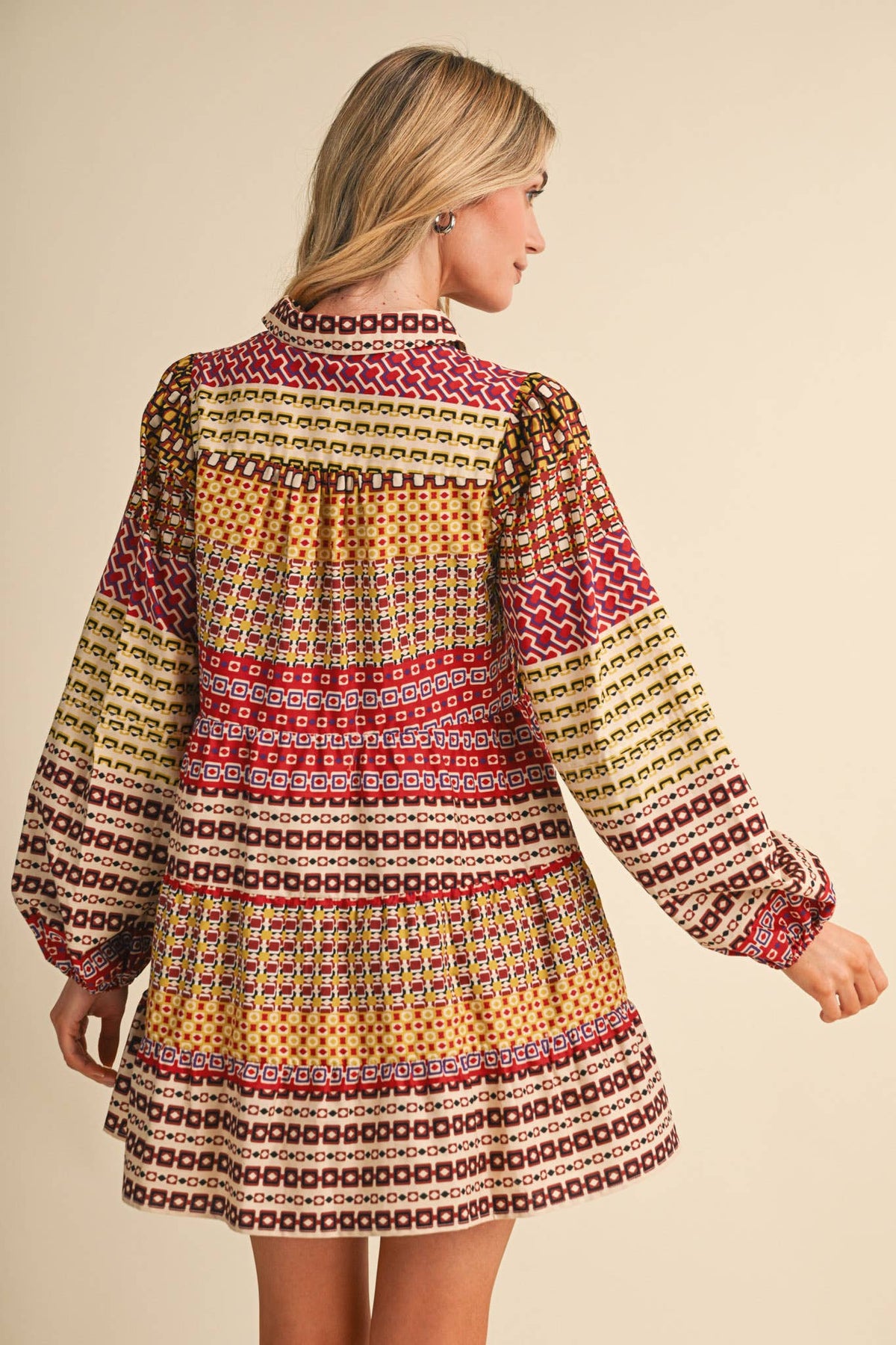 Border Print Button Down Mini Dress