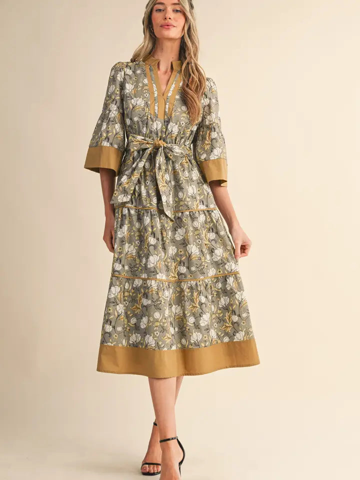 Floral Print Contrast Binding Belted Midi Dress