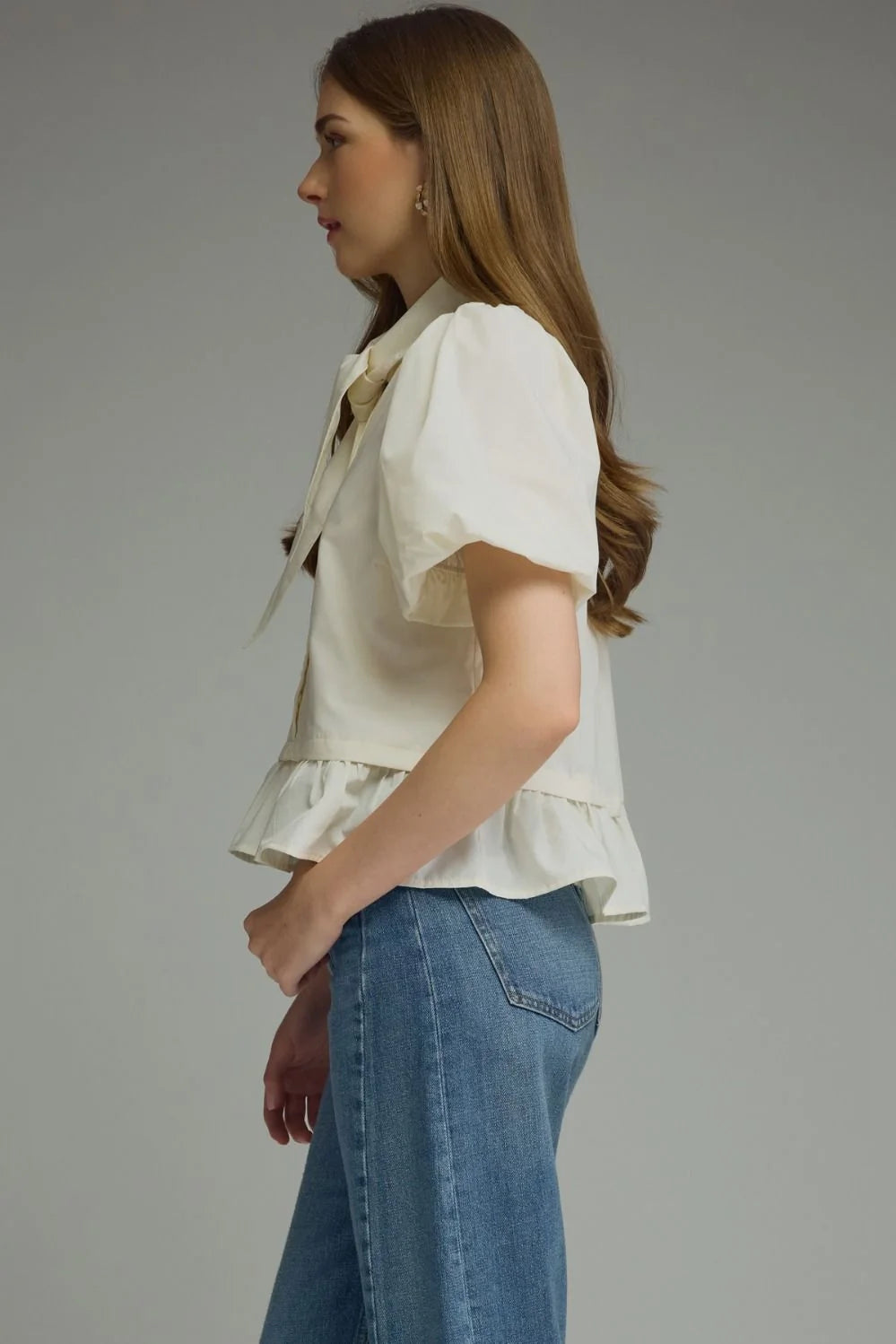 Scarf Tie Ruffle Hem Top- Cream