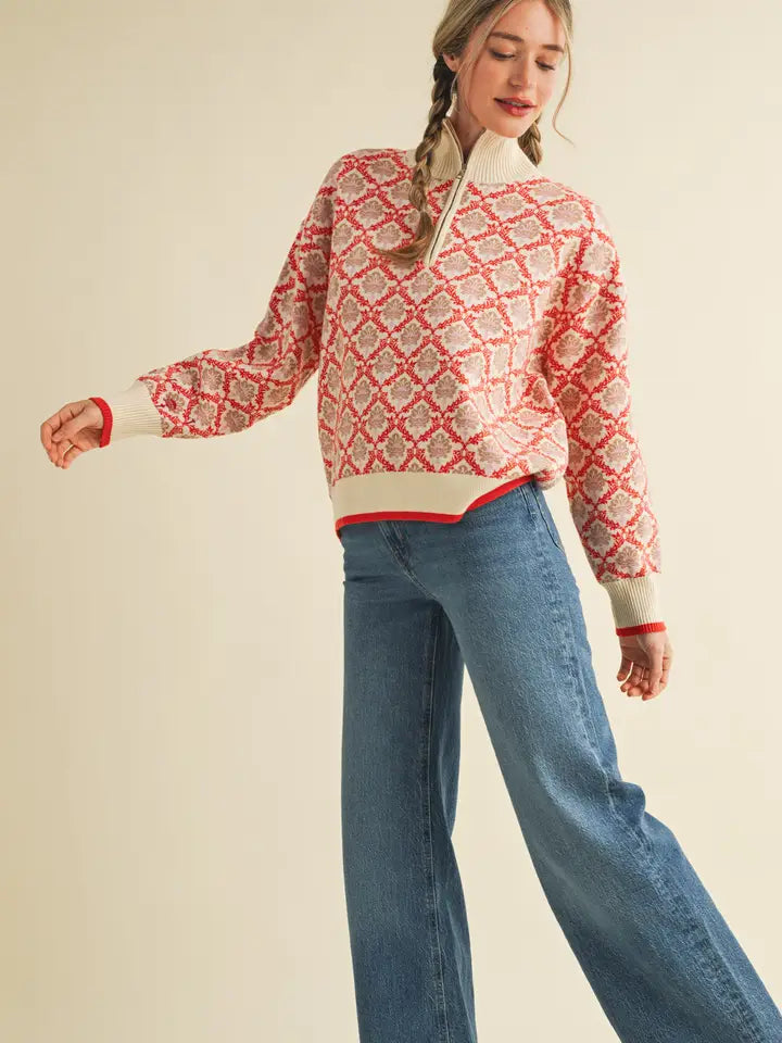 Floral Mock Neck Half Zip Pullover