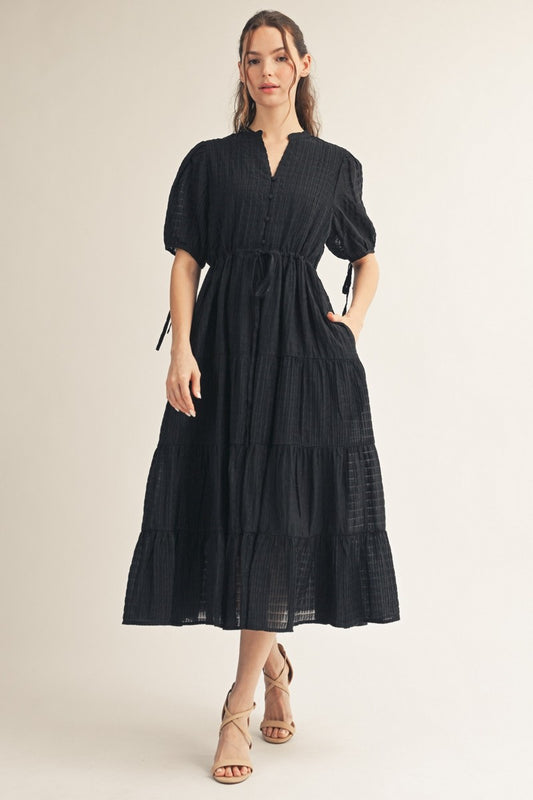 Drawstring Waist Tiered Midi Dress