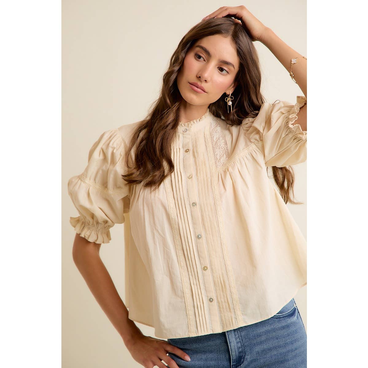 Lace Button Down Short Sleeve Top