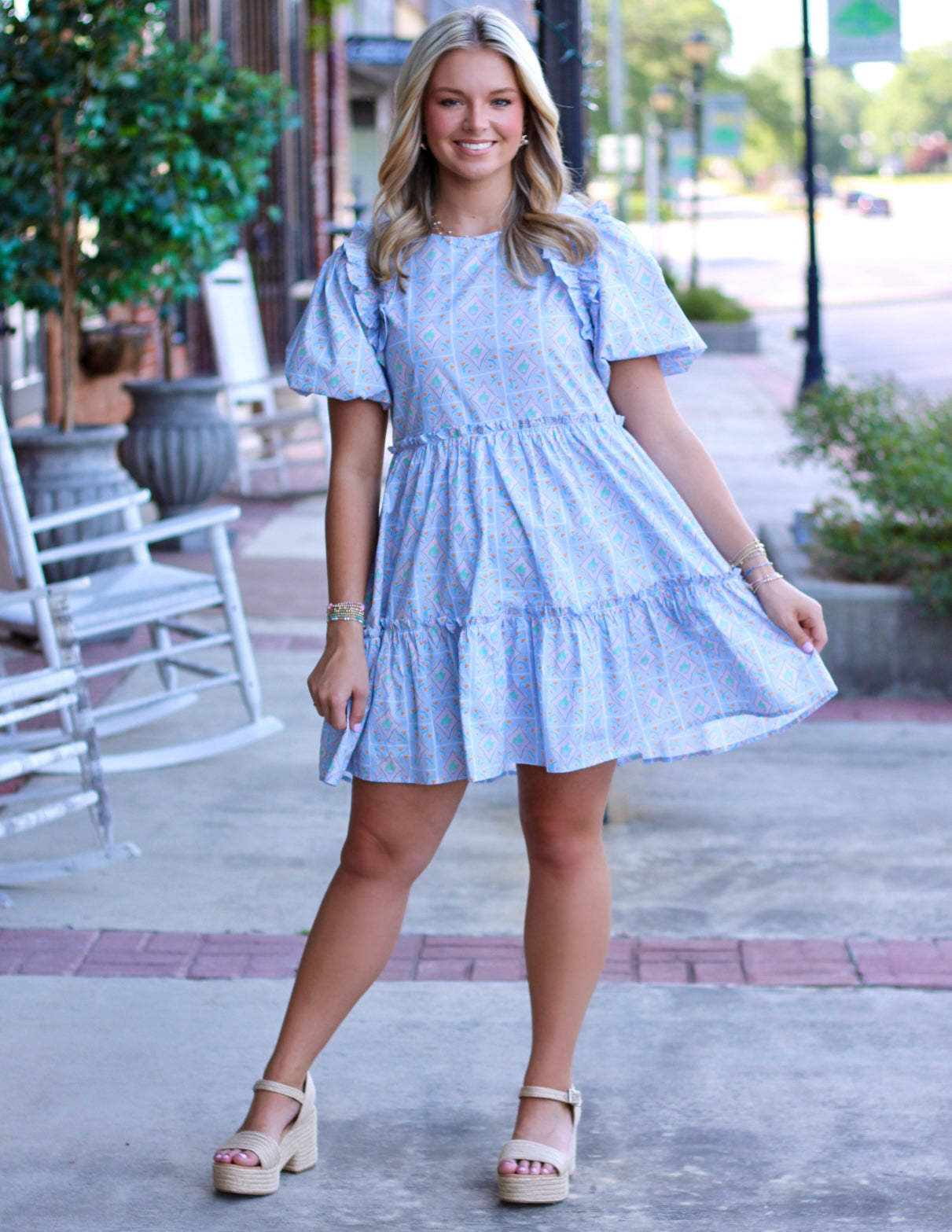 Printed Short Puff Sleeve Dress