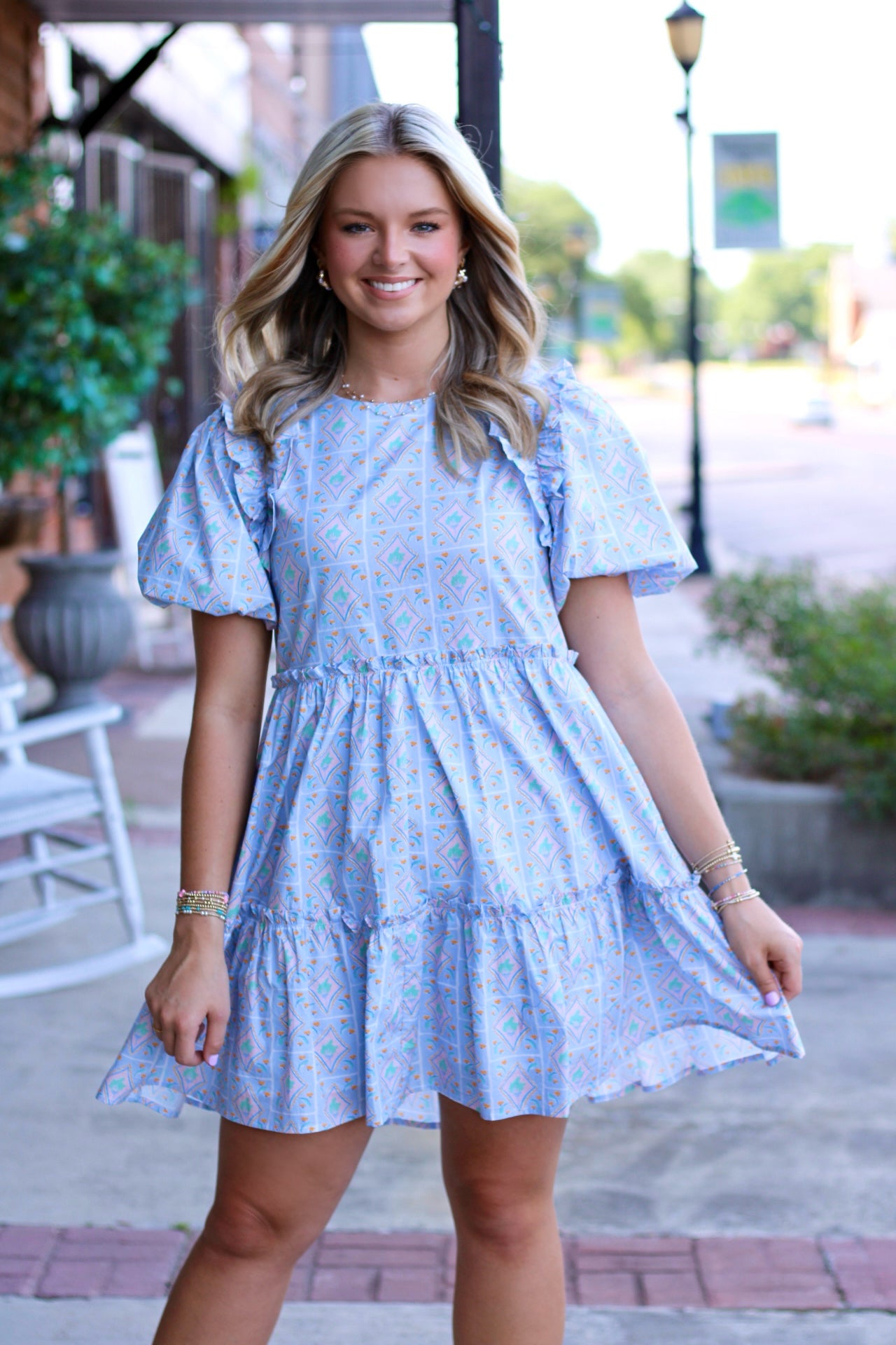 Printed Short Puff Sleeve Dress