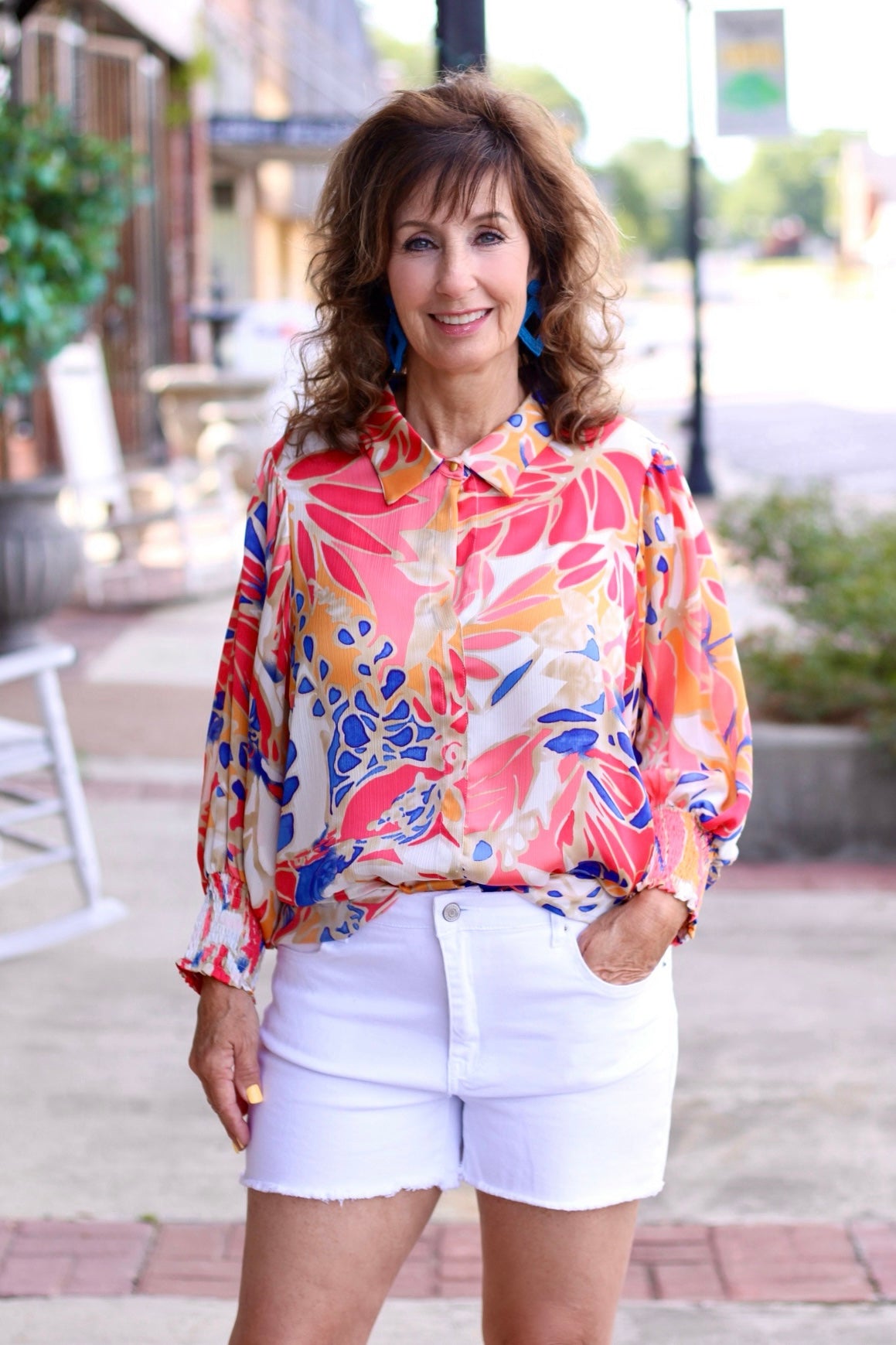 Leaf Print 3/4 Sleeve Satin Top