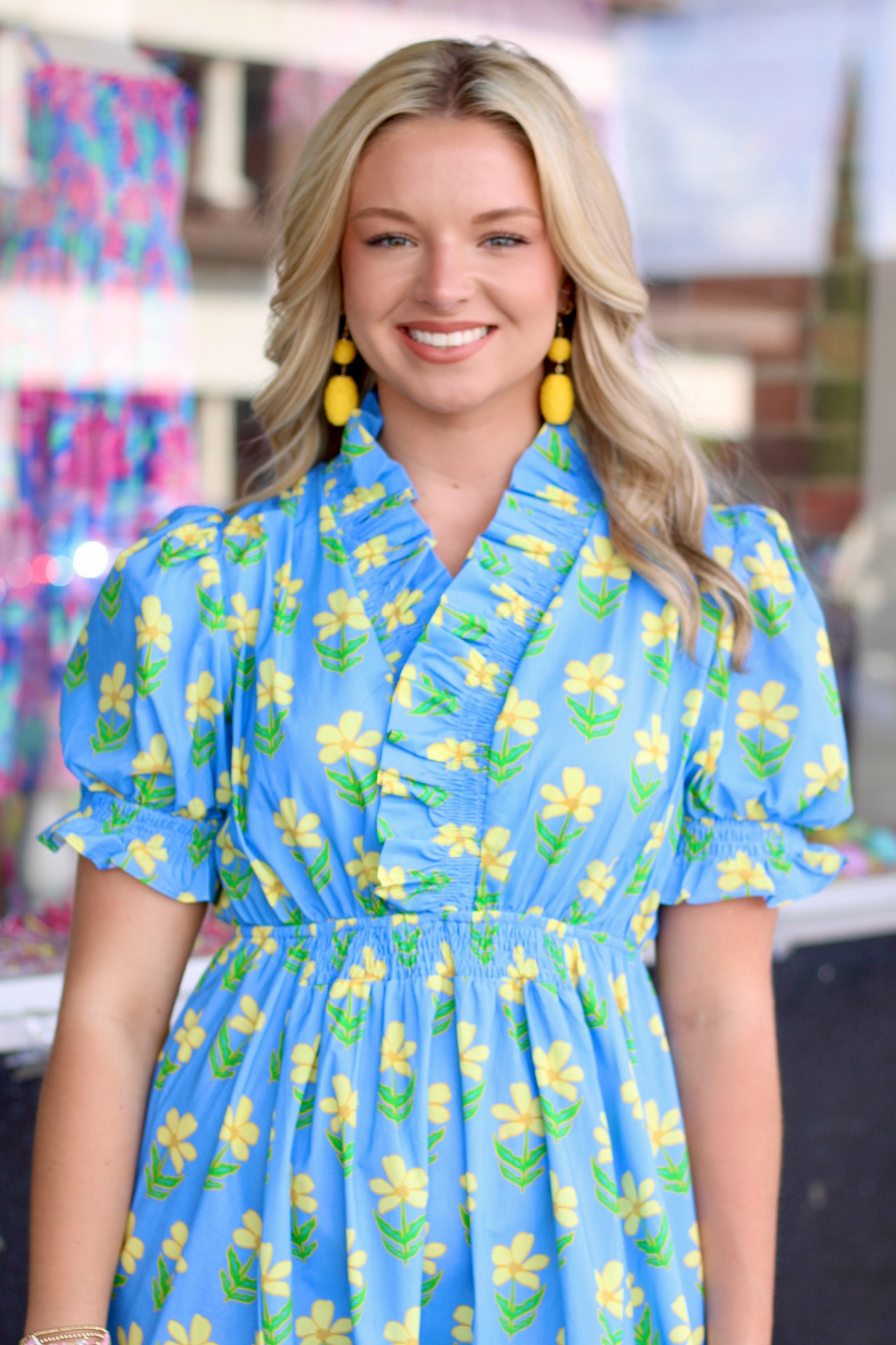 Puff Sleeve Smocked Ruffle Neck Mini Dress