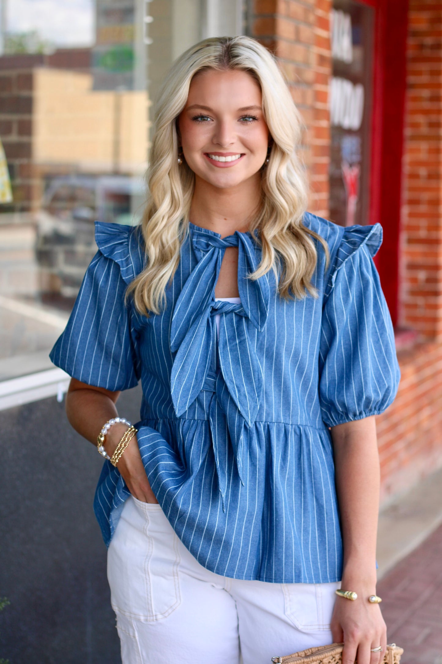 Stripe Front Bow Denim Peplum Blouse