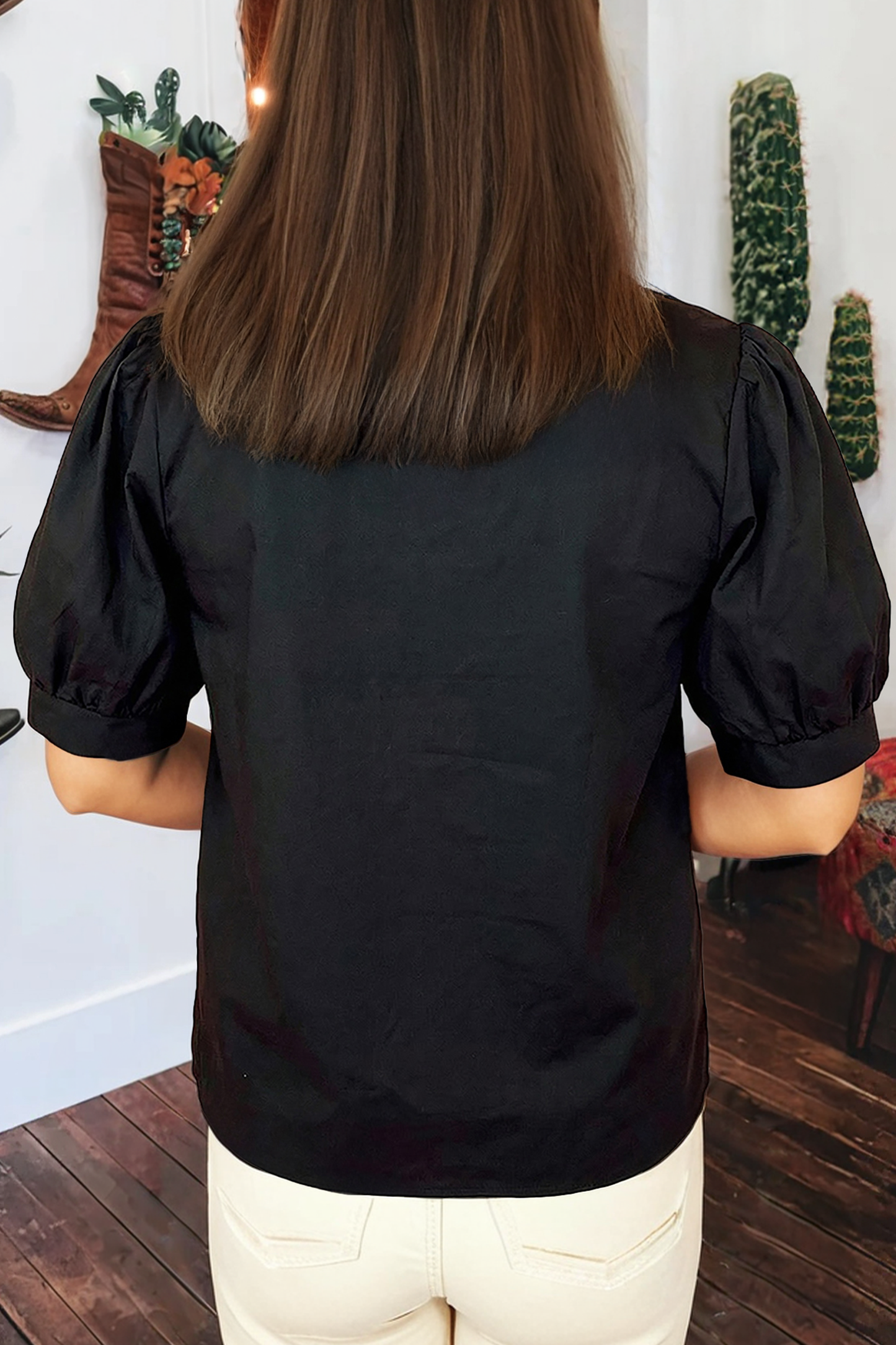 Puff Sleeve Embroidered Detail Blouse