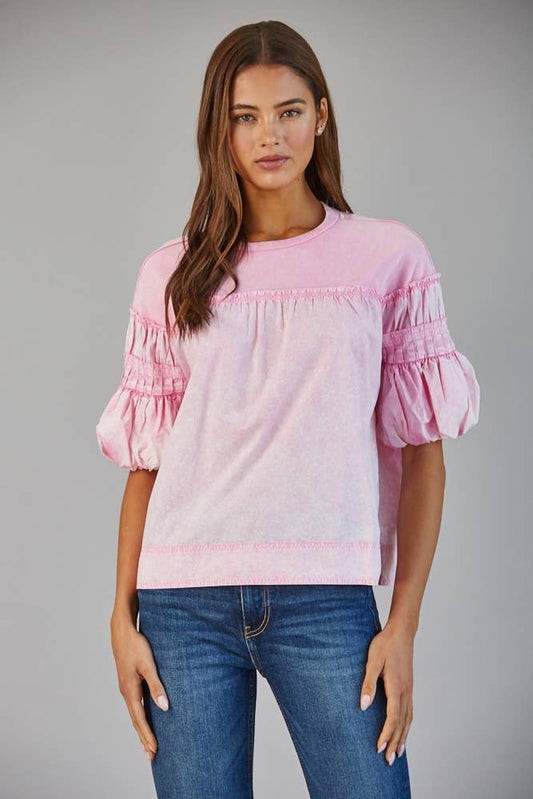 Gathered Puff Slv Mineral Washed Top
