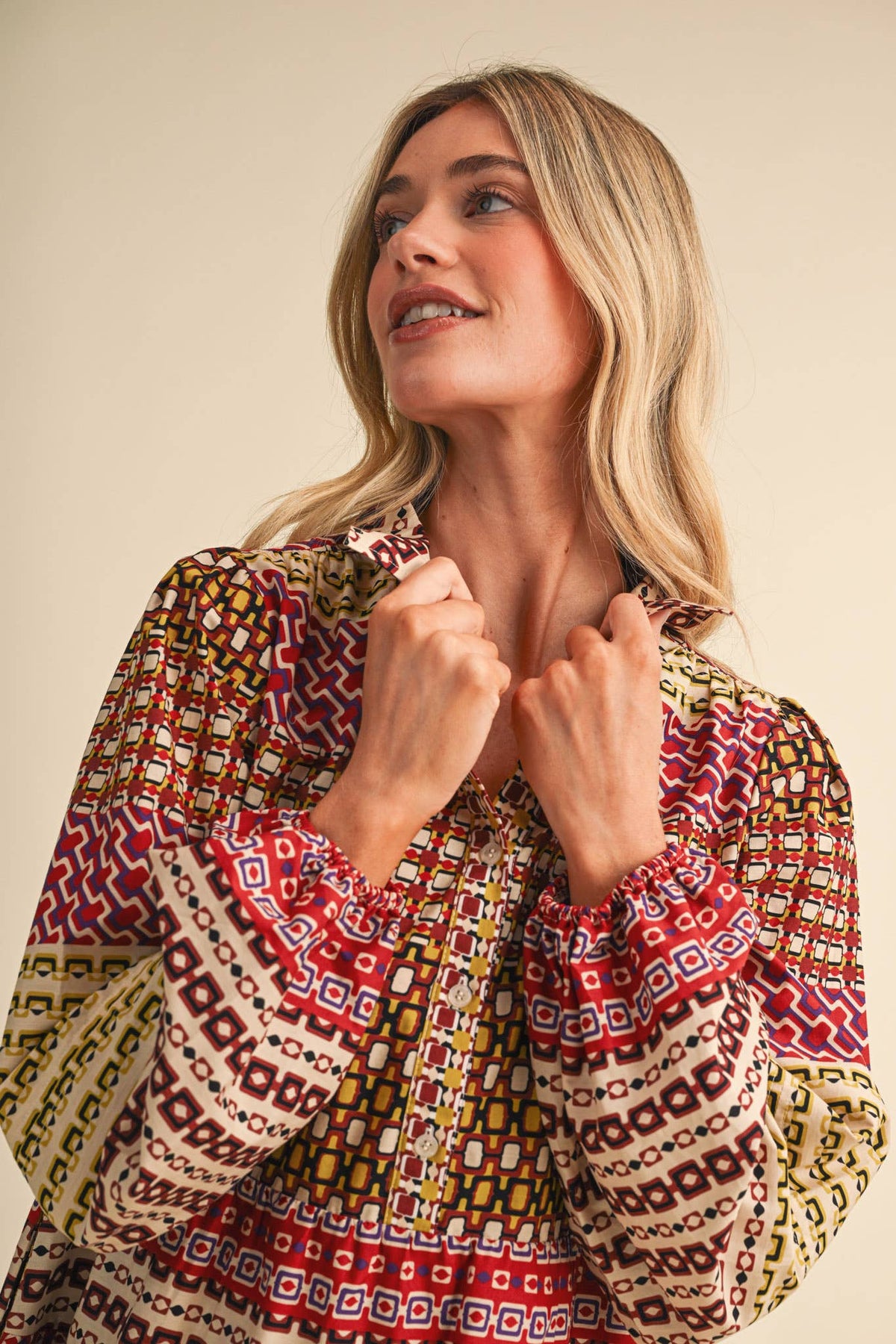 Border Print Button Down Mini Dress
