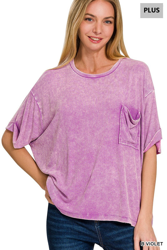 Plus Washed Ribbed Short Sleeve Round Neck Top
