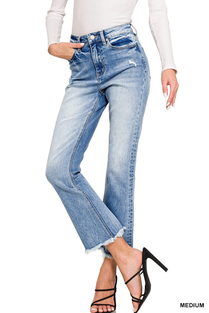Zenana High Rise Straight Raw Hem Cropped Denim Pants