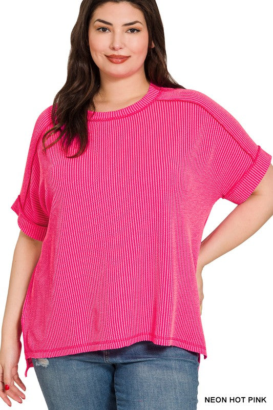 Plus Zenana Ribbed Cuff Sleeve Raw Edge Top