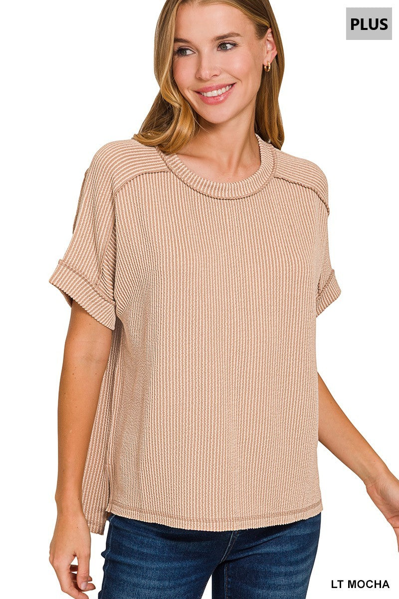 Plus Zenana Ribbed Cuff Sleeve Raw Edge Top