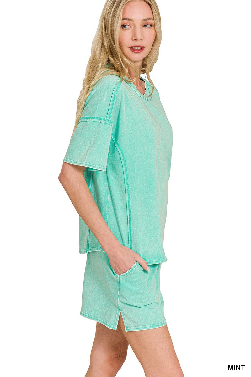 Zenana Acid Washed Short Sleeve Tee & Shorts Set