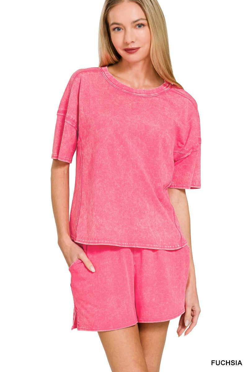 Zenana Acid Washed Short Sleeve Tee & Shorts Set