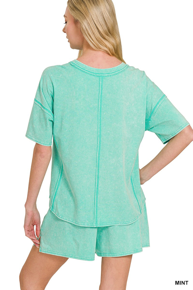 Zenana Acid Washed Short Sleeve Tee & Shorts Set