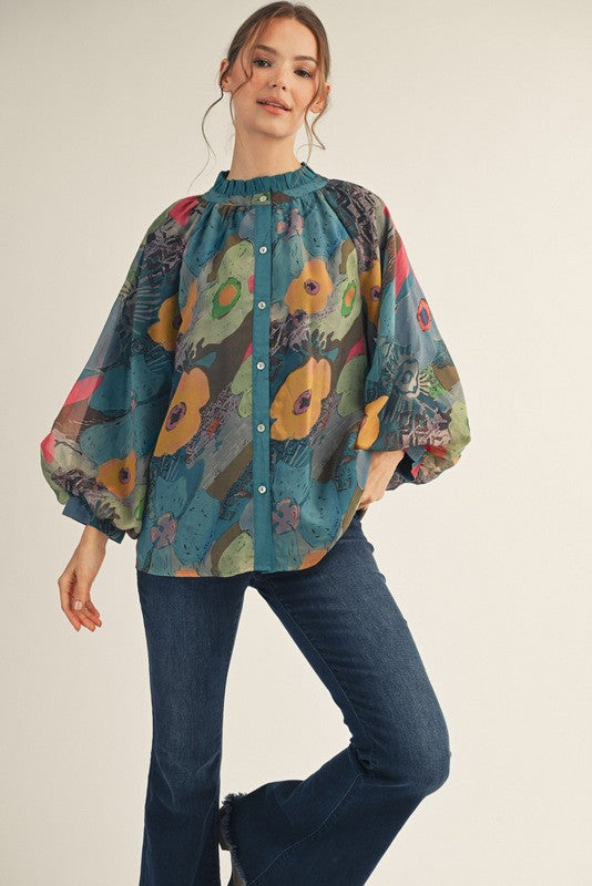 Button Down Floral Chiffon Top