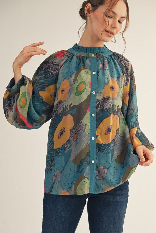 Button Down Floral Chiffon Top
