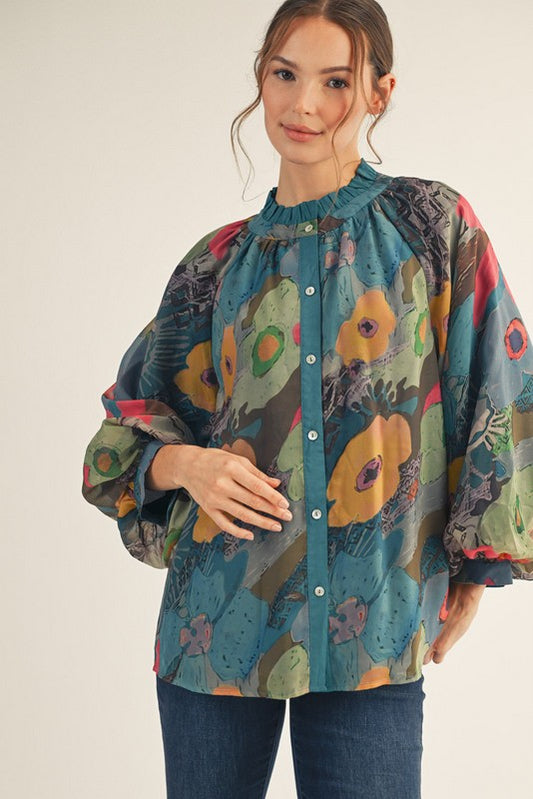 Button Down Floral Chiffon Top