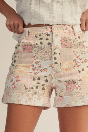 Pastel Floral Patchwork Wide Leg Shorts