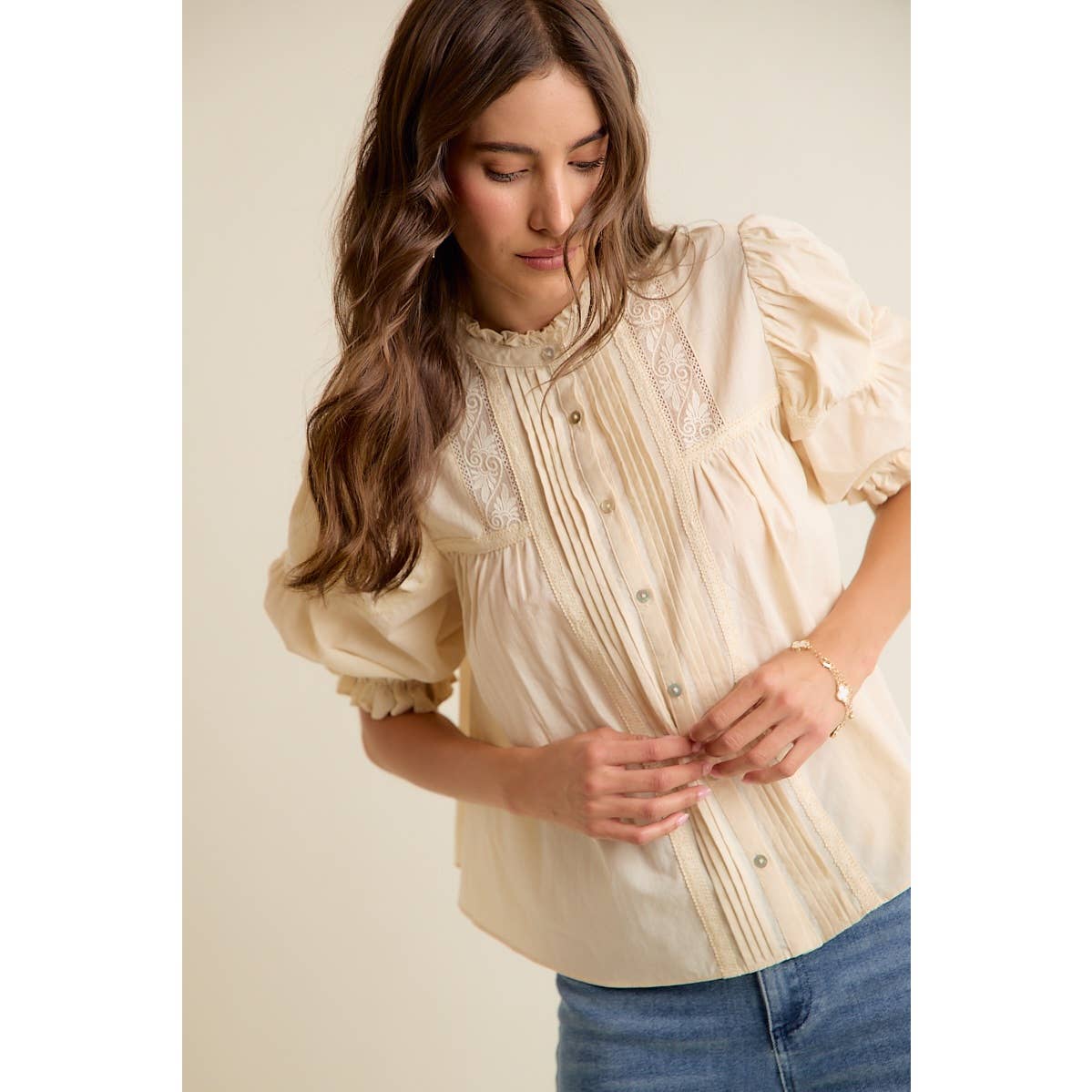 Lace Button Down Short Sleeve Top