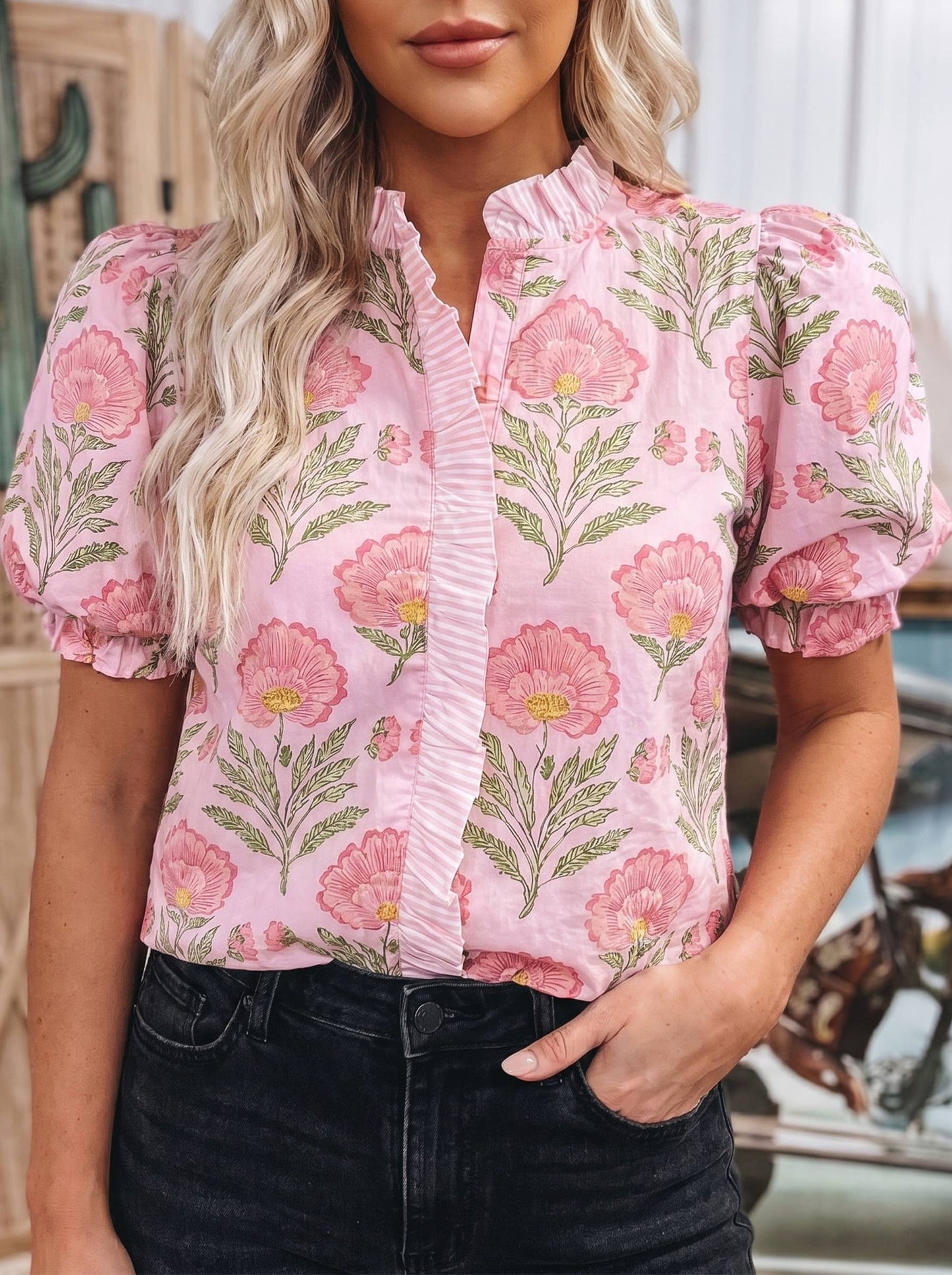 Floral Ruffle Striped Trim Puff Sleeve Top