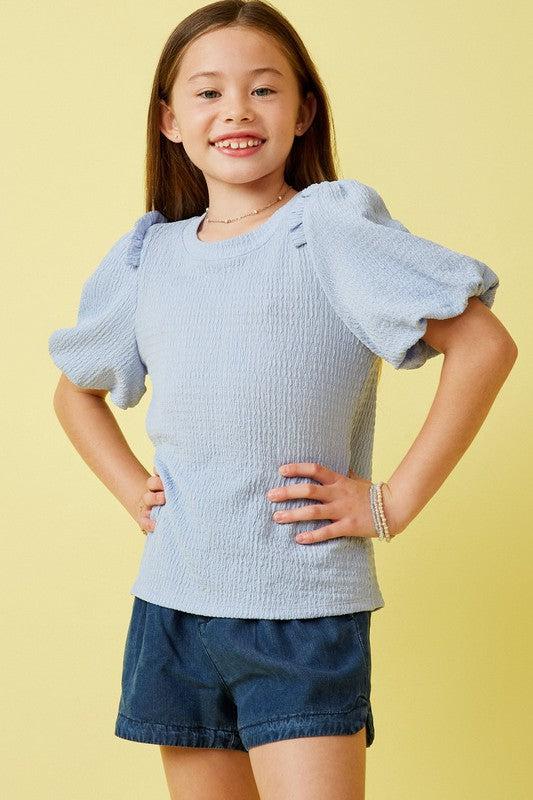 Girls Crinkled Puff Sleeve Top