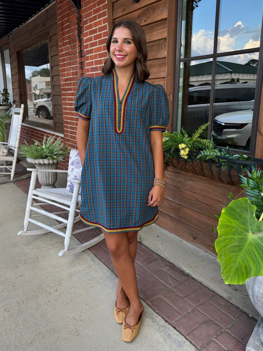 Plaid Puff Sleeve Mini Dress-Teal