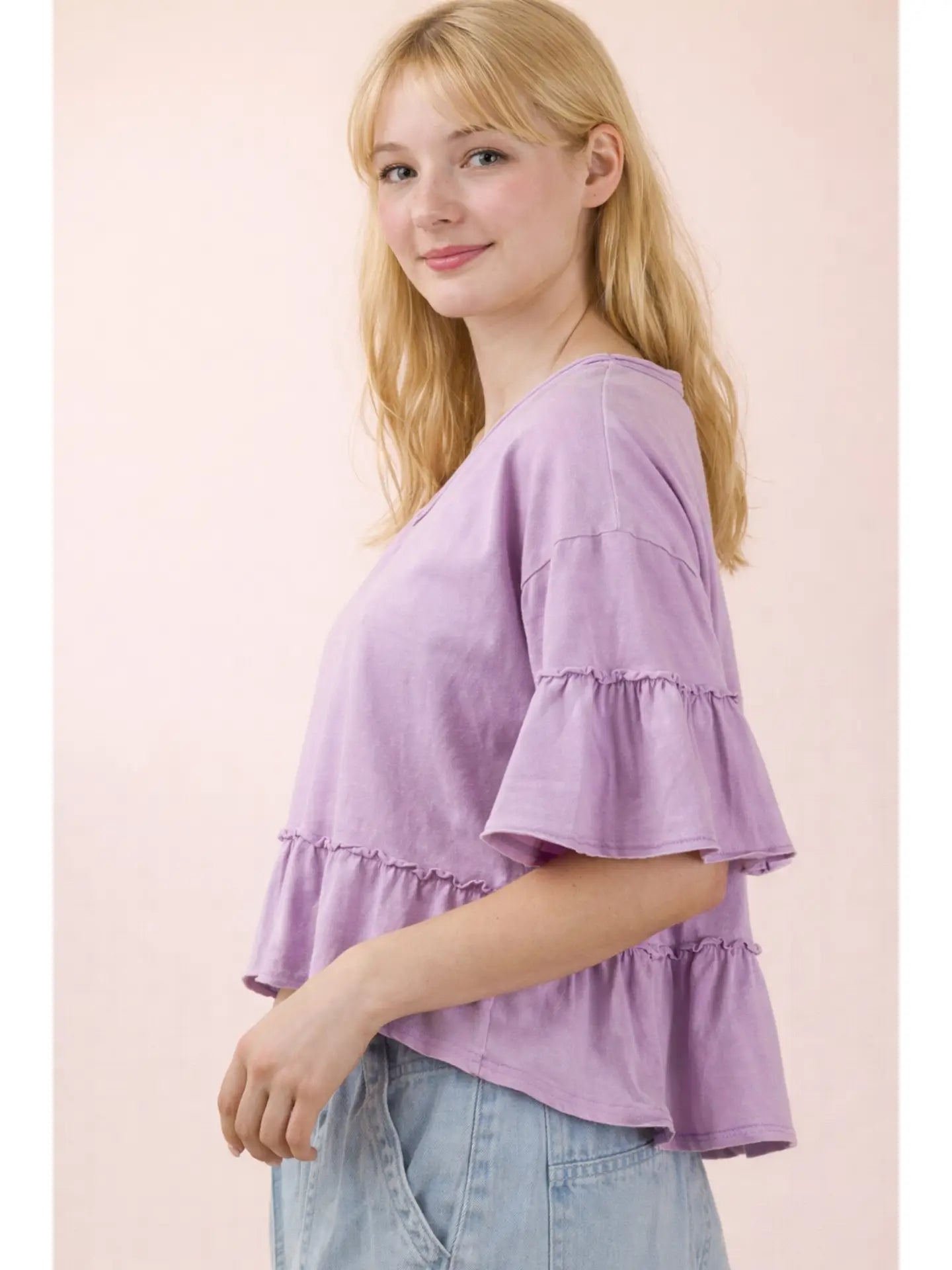 Mineral Washed Ruffle Detail Knit Top