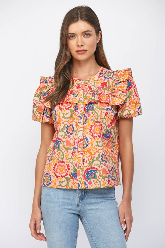 Ruffled Yoke Button Down Top